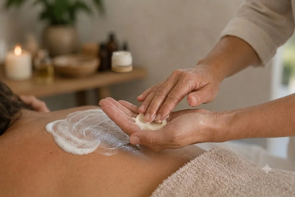 Terapeuta aplicando crema exfoliante en la espalda Terapeuta aplicando crema exfoliante en la espalda