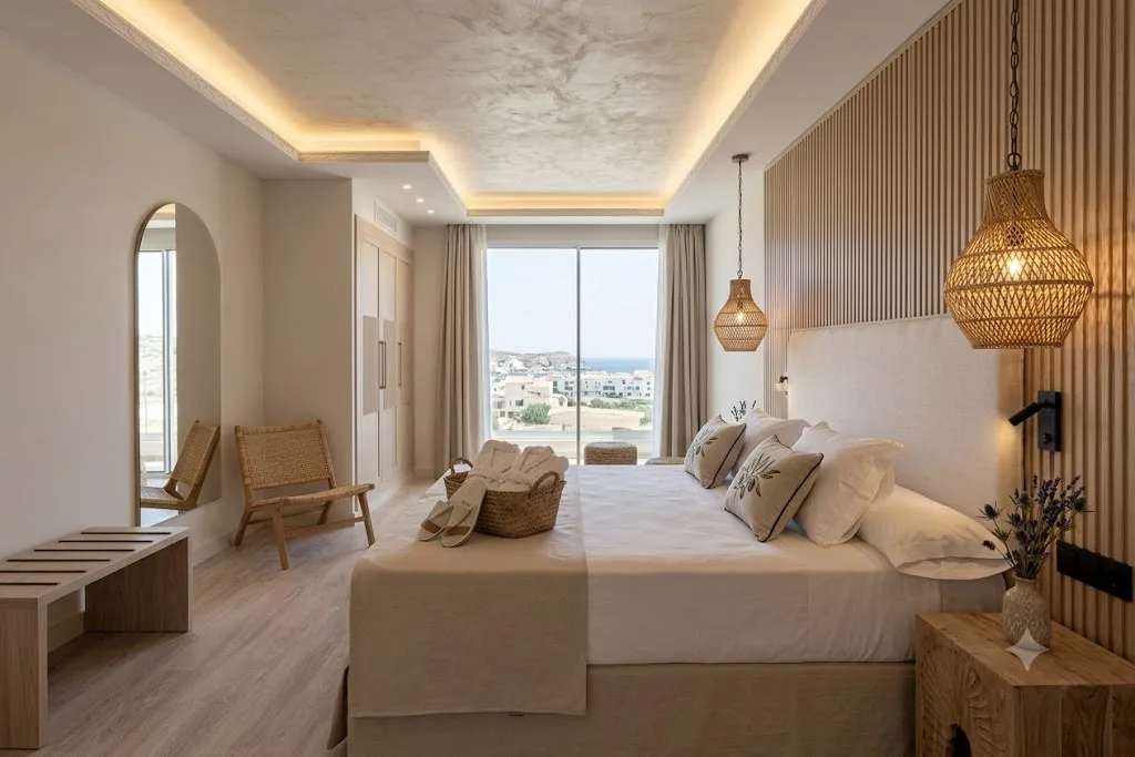 Habitación de hotel con amplio ventanal y vistas al exterior Habitación de hotel con amplio ventanal y vistas al exterior