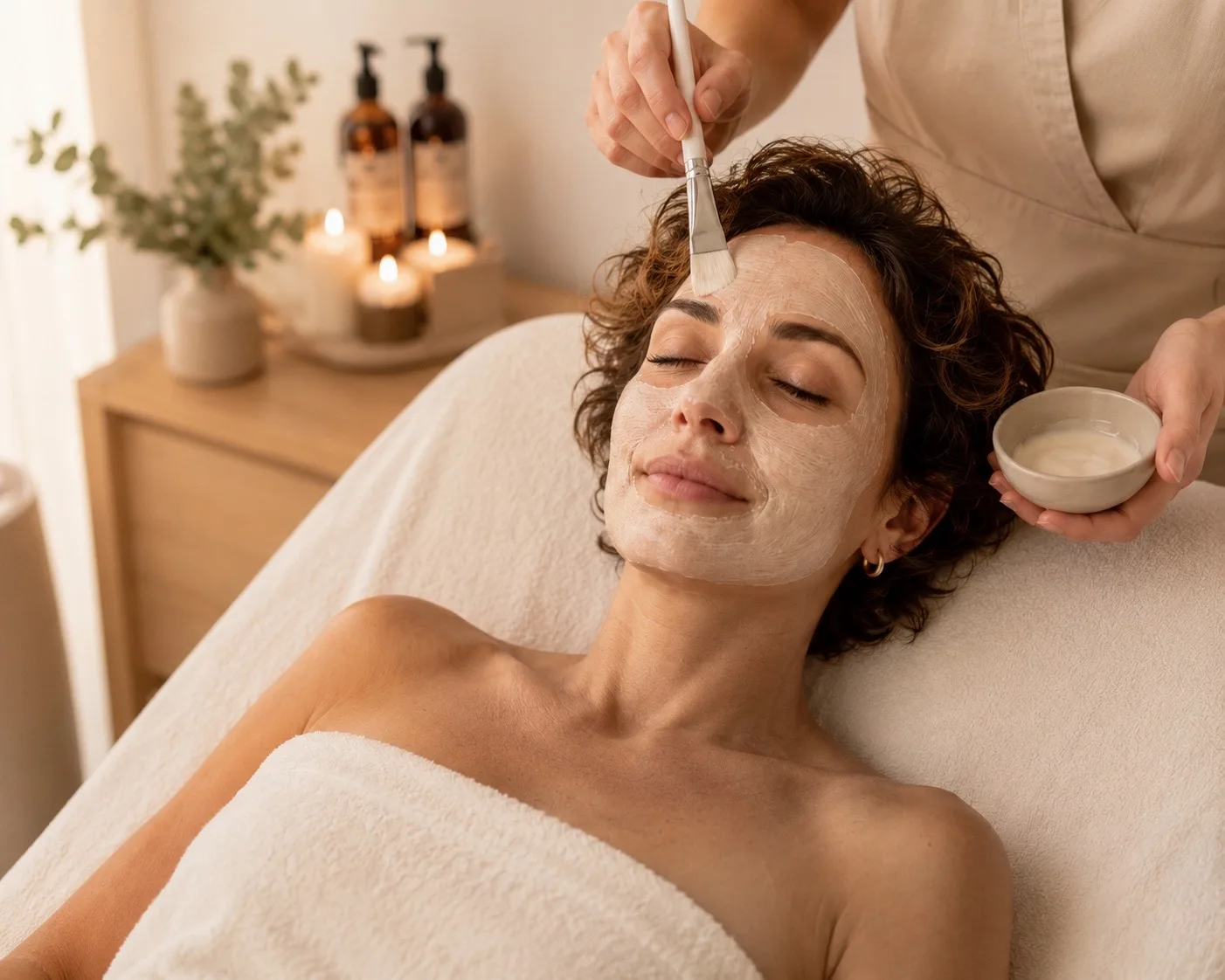 Mujer recibiendo un tratamiento facial con mascarilla Mujer recibiendo un tratamiento facial con mascarilla