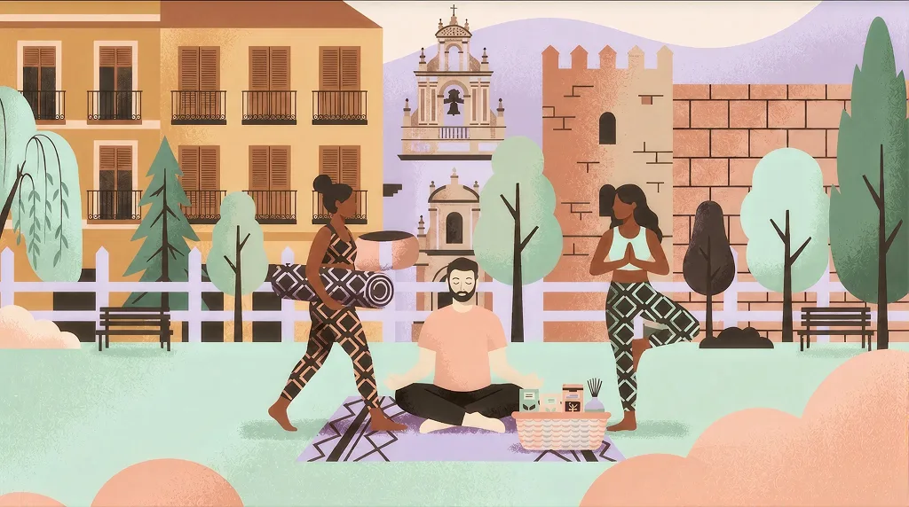 Tarjeta regalo spa de Spalopia: ilustración de personas practicando yoga y meditación al aire libre