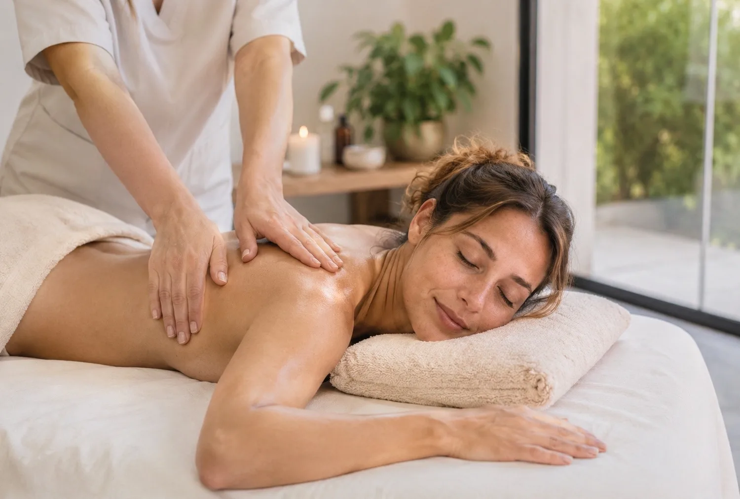 Mujer recibiendo un masaje de espalda en una camilla de spa Mujer recibiendo un masaje de espalda en una camilla de spa
