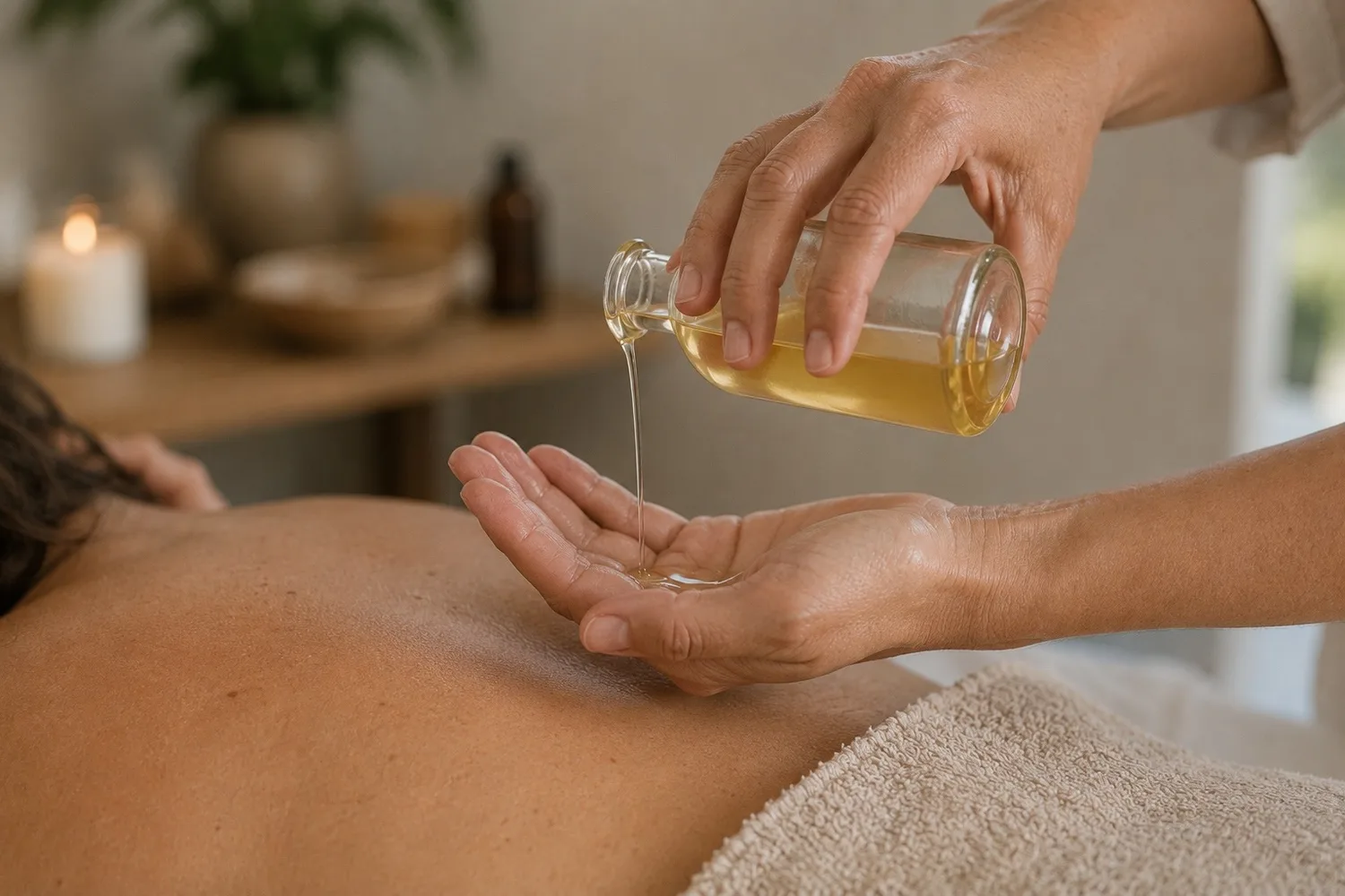 Terapeuta vertiendo aceite esencial en sus manos Terapeuta vertiendo aceite esencial en sus manos