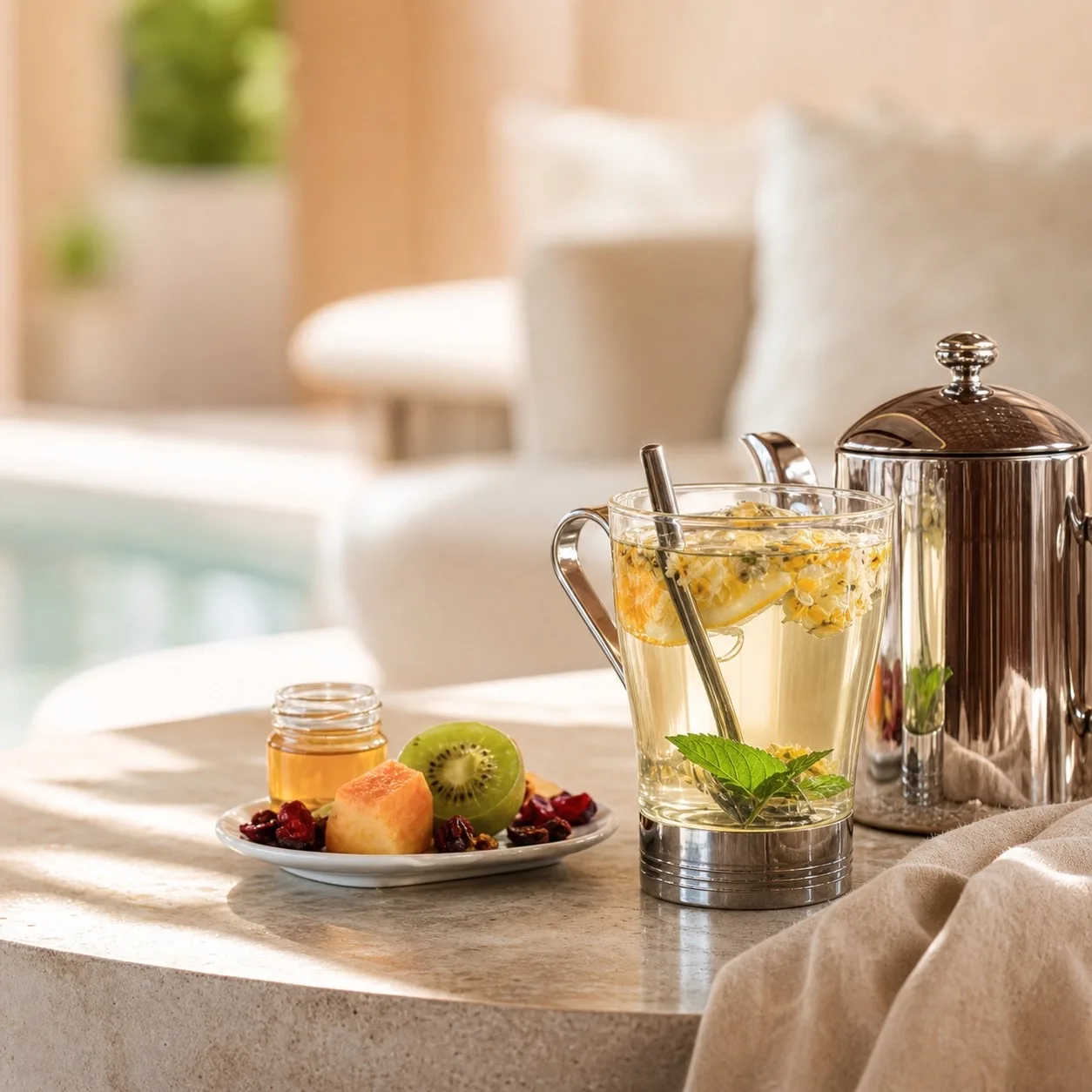 Bandeja con infusión y fruta fresca junto a la piscina del spa Bandeja con infusión y fruta fresca junto a la piscina del spa