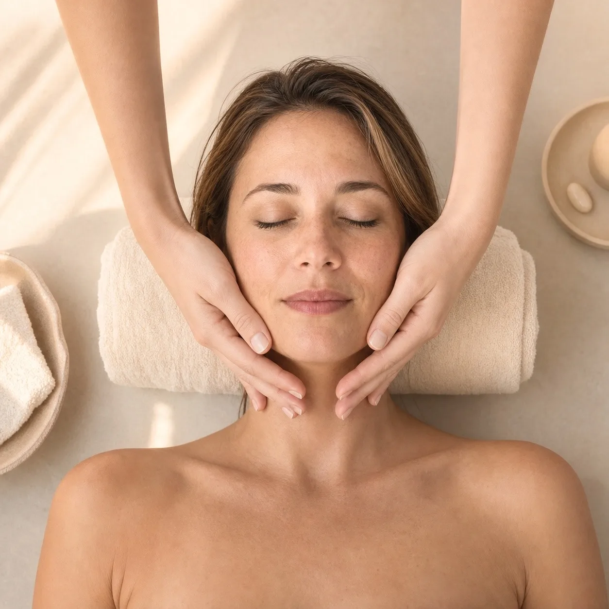 Mujer recibiendo un masaje facial relajante Mujer recibiendo un masaje facial relajante