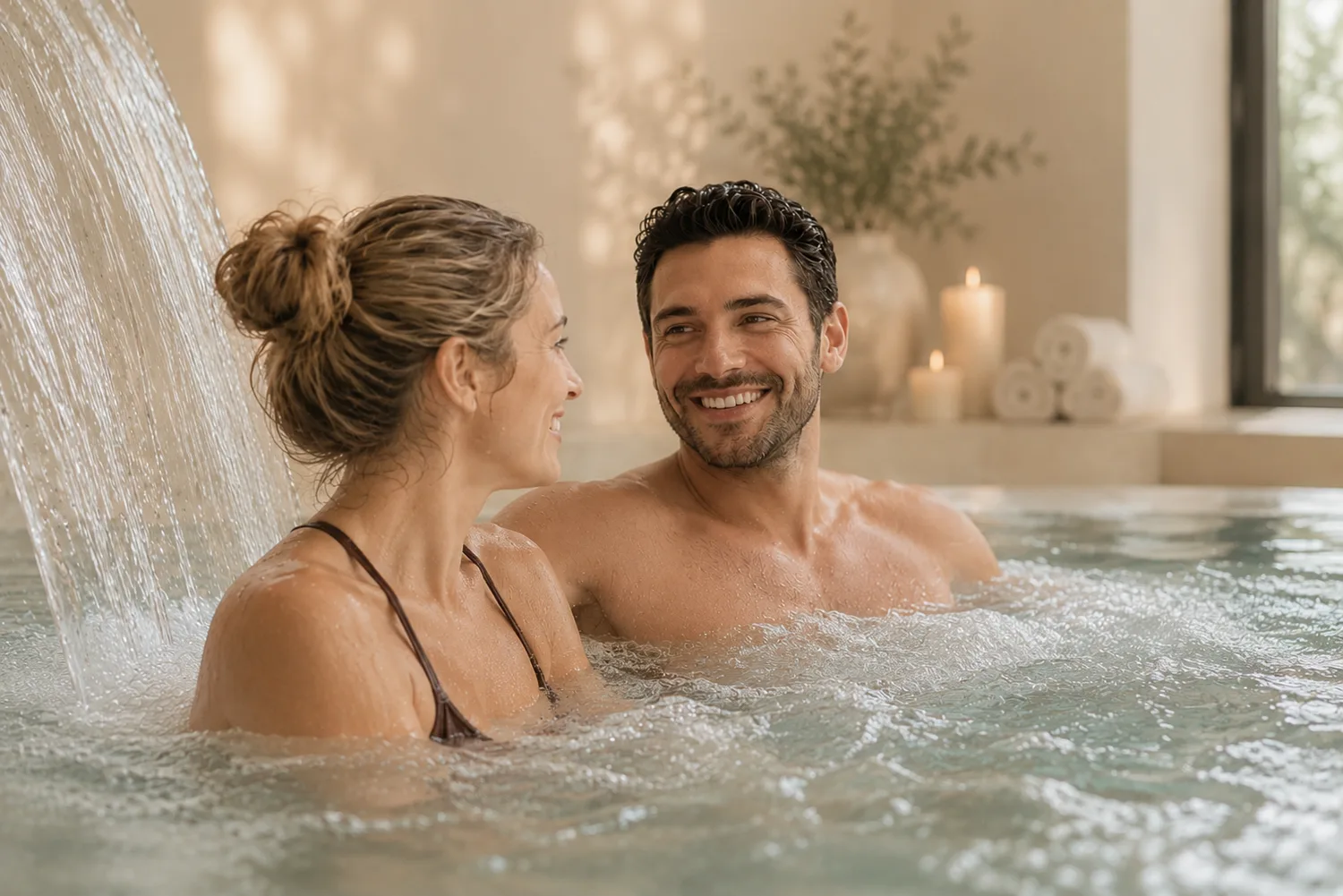 Pareja relajándose en un jacuzzi de burbujas rodeado de velas Pareja relajándose en un jacuzzi de burbujas rodeado de velas